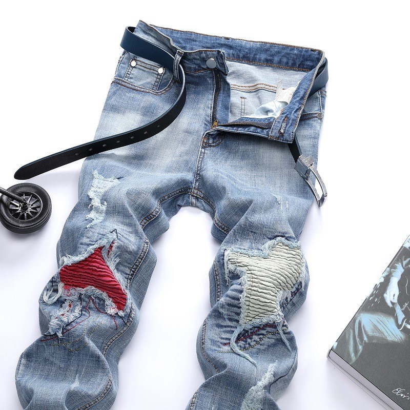 Men’s Casual Light Colored Elastic Motorcycle Pants with Torn Middle Waist Jeans