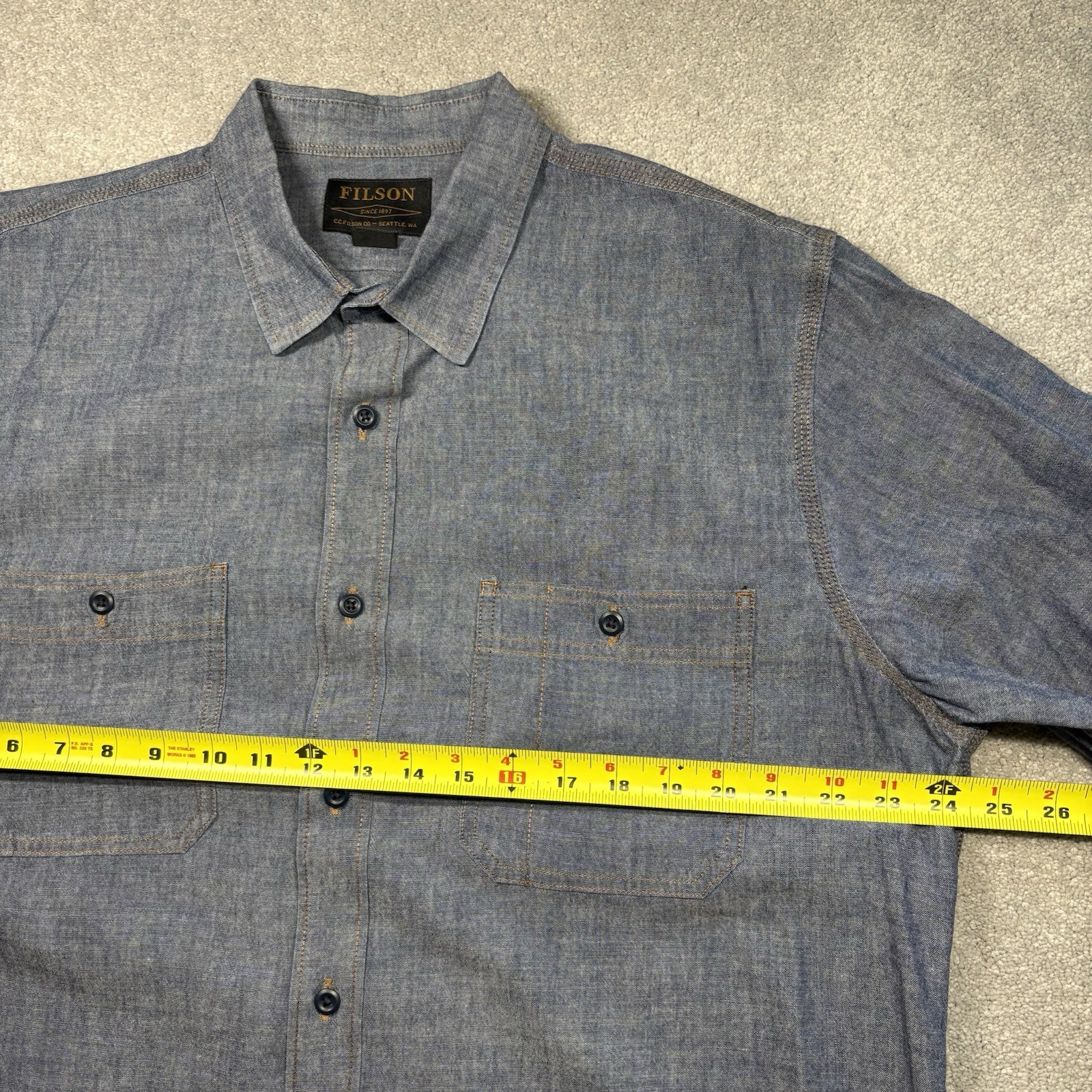 Filson Chambray CPO Shirt Denim Button Up Rinsed Indigo Men’s Size Large