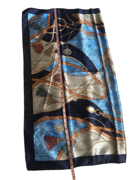 Elegant Navy Blue Polyester Scarf Silk Feel Paisley Square, Neck Head Waist Wrap