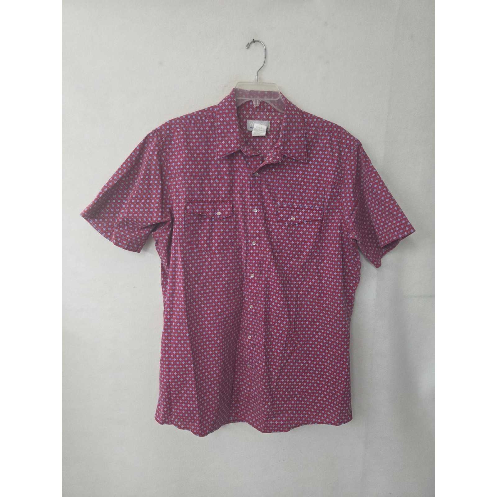 Wrangler Wrancher Pearl Snap Shirt Mens XLT Red Blue Geometric Short Sleeve