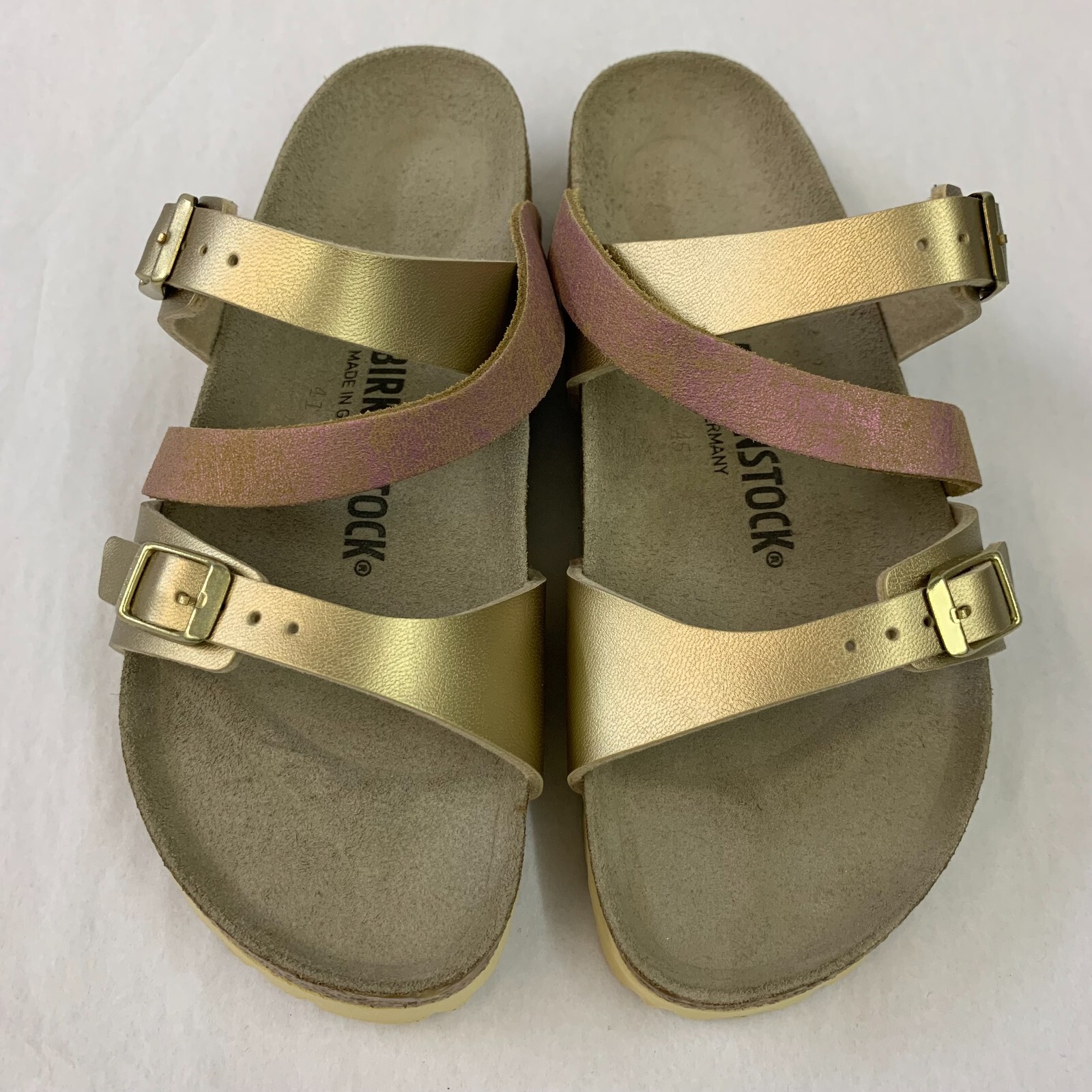 Birkenstock New w/ Box Salina Two Tone Gold/Rose Suede/Birko Flor Narrow