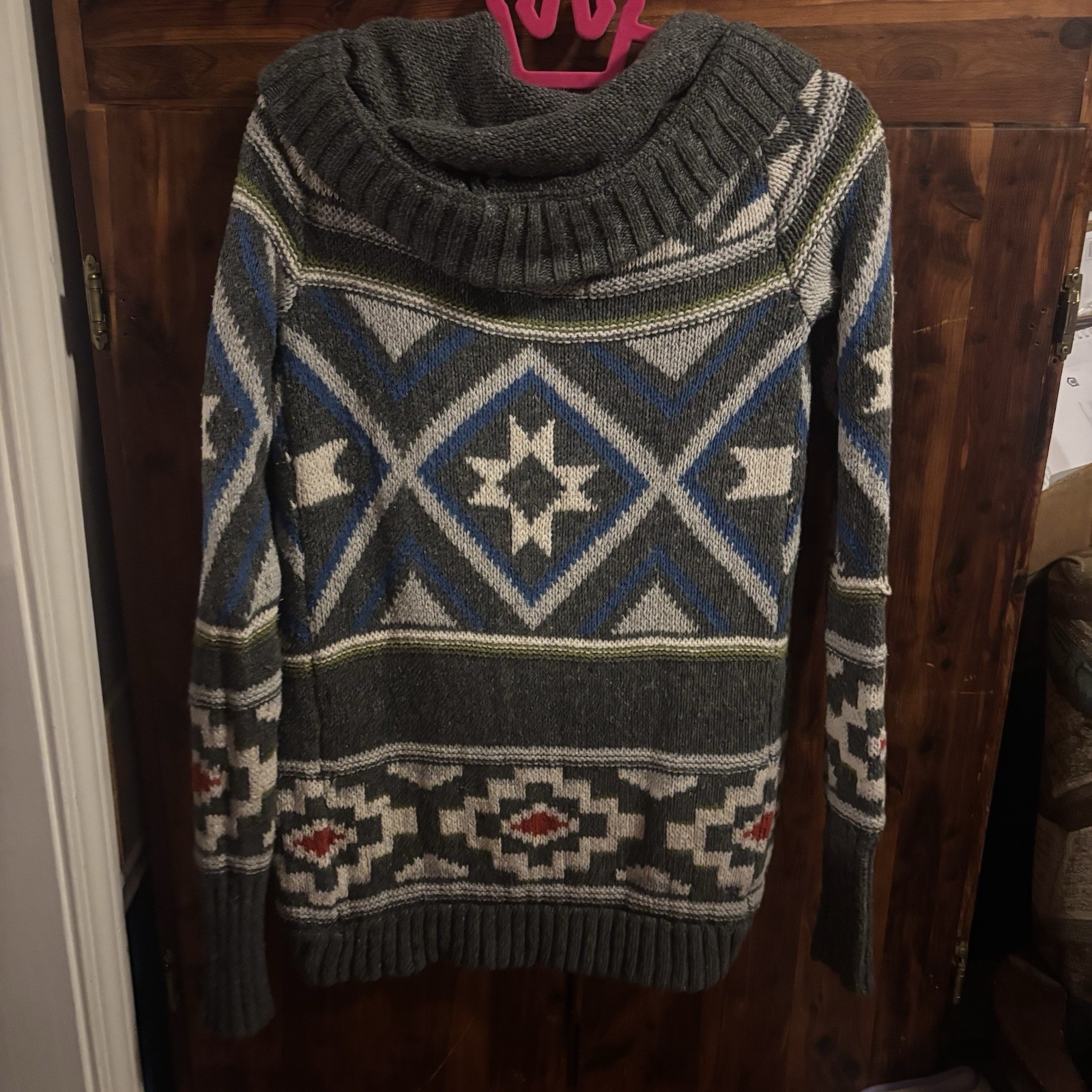 Abercrombie & Fitch Gray Blue Green Aztec Hooded Wool Cardigan
