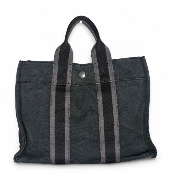 Authentic HERMES Fourre Tout Black Canvas Tote Gray Handle Handbag 03E03605017