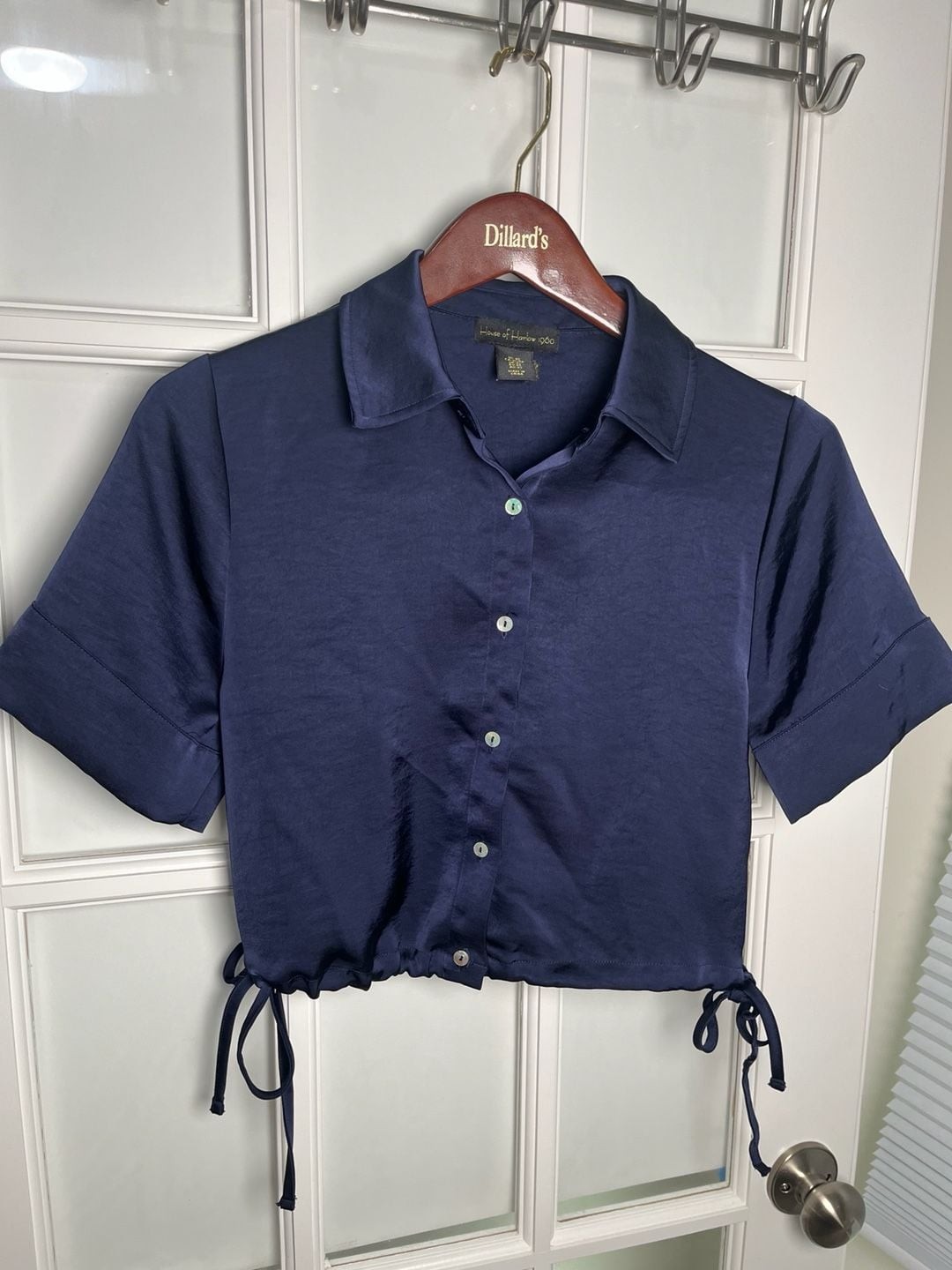 House of Harlow 1960 Short Sleeve Button-Up Crop Shirt with Drawstring Hem