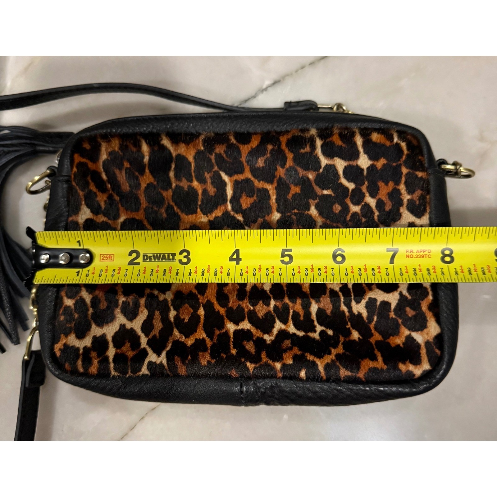 HOBO Black Leather Calf Hair Leopard Print Tassel Crossbody Bag Camera Bag