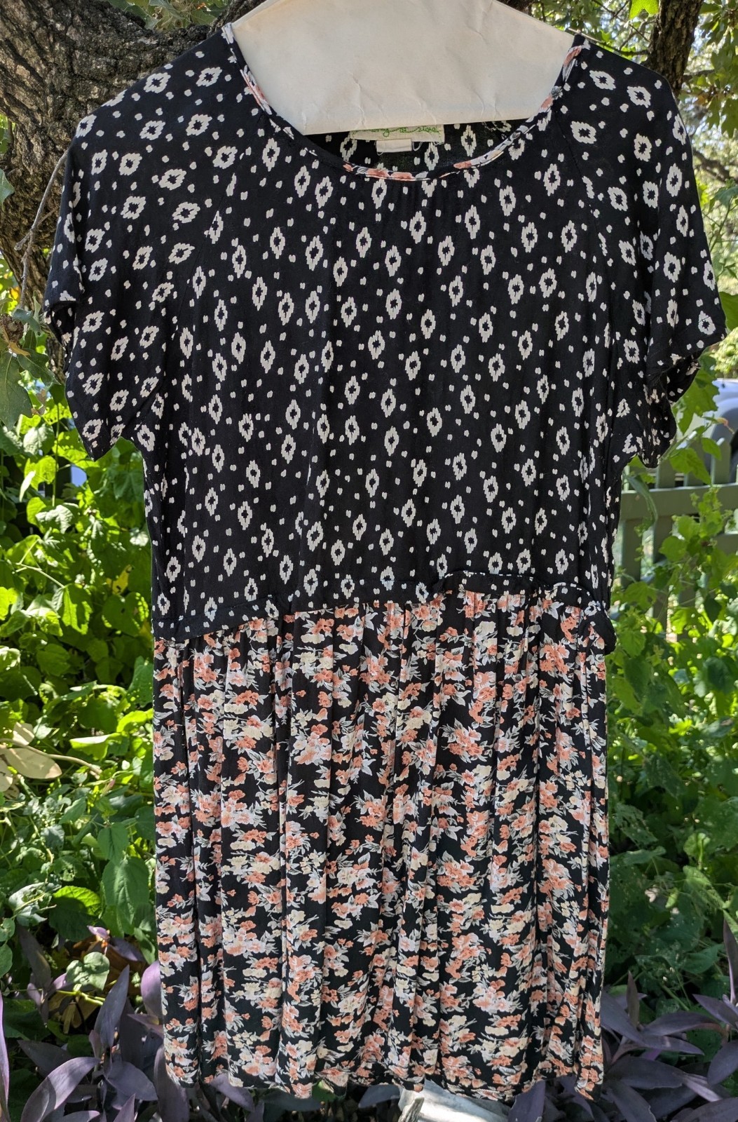 “Staring at Stars” flowy boho dress, ikat bodice with floral skirt, size small
