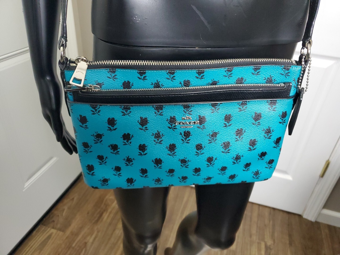 COACH Leather Floral Badlands Print Crossbody Bag Turquoise Blue Green Black