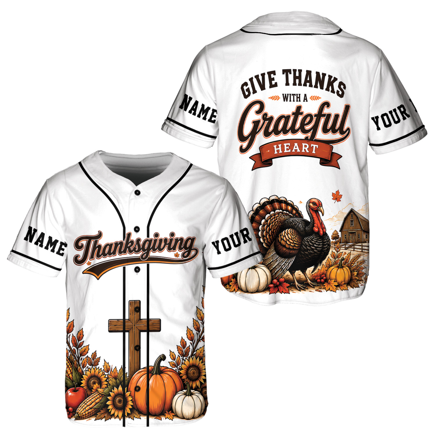 Personalized Thanksgiving Baseball Jersey Christian Cross Pumpkin Fall Gift Tee