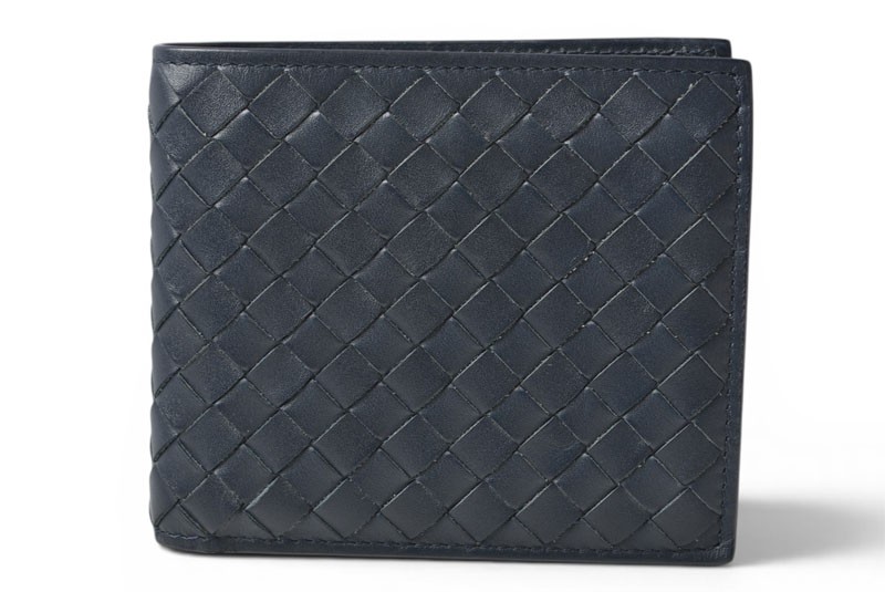 Authentic Bottega Veneta Intrecciato Bifold Wallet Navy Leather