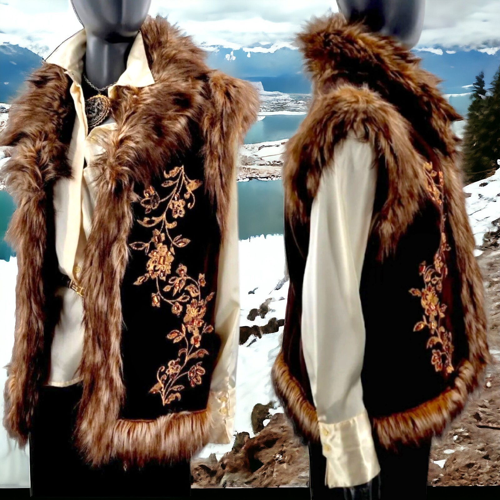 Hippy Afghan Vest Penny Lane Embroidered Jewels Brown Size 1x Faux Fur Suede