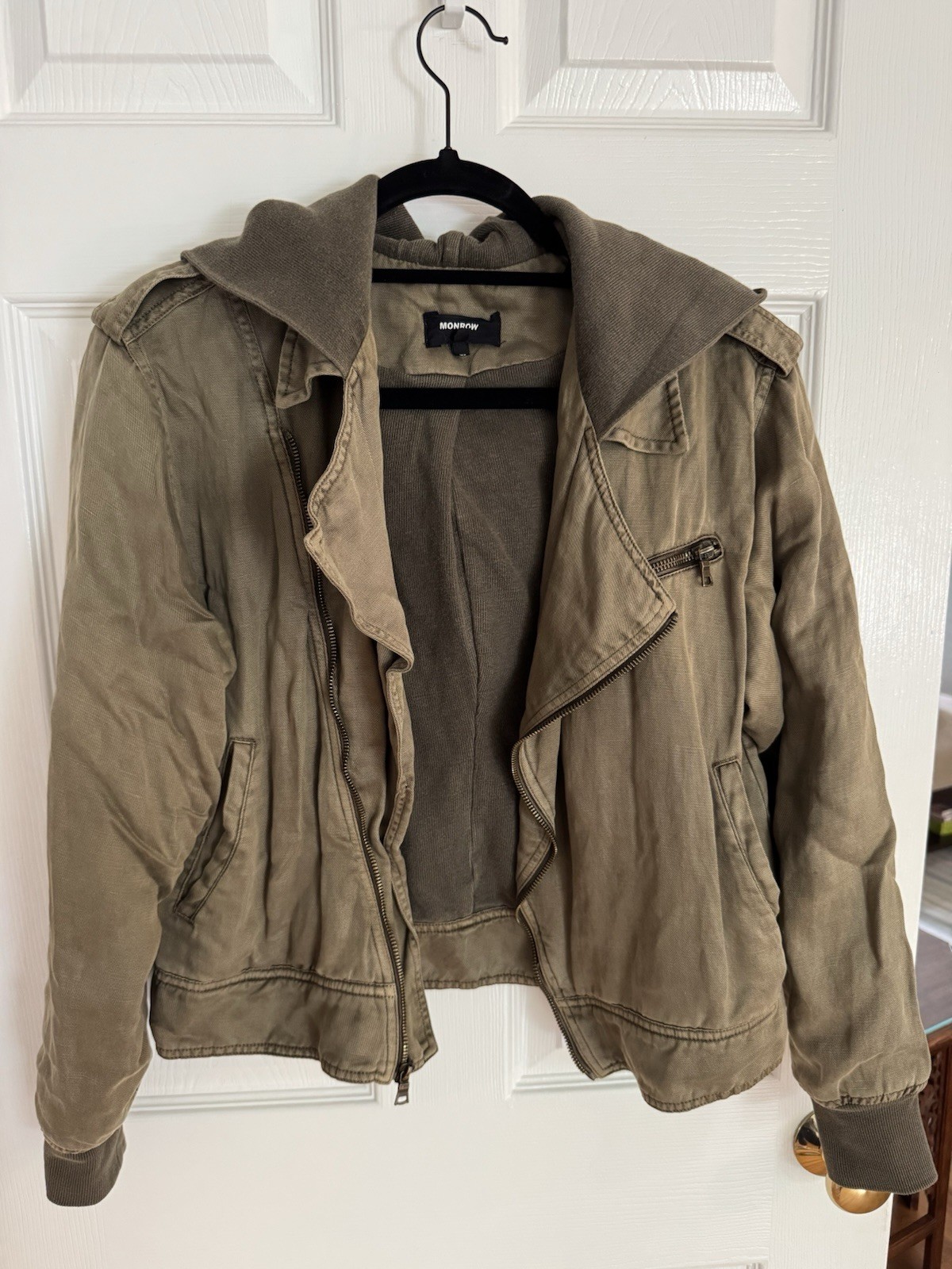 Monroe Olive Hooded Motojacket Lined Ribbed Cuff Women’s Size S