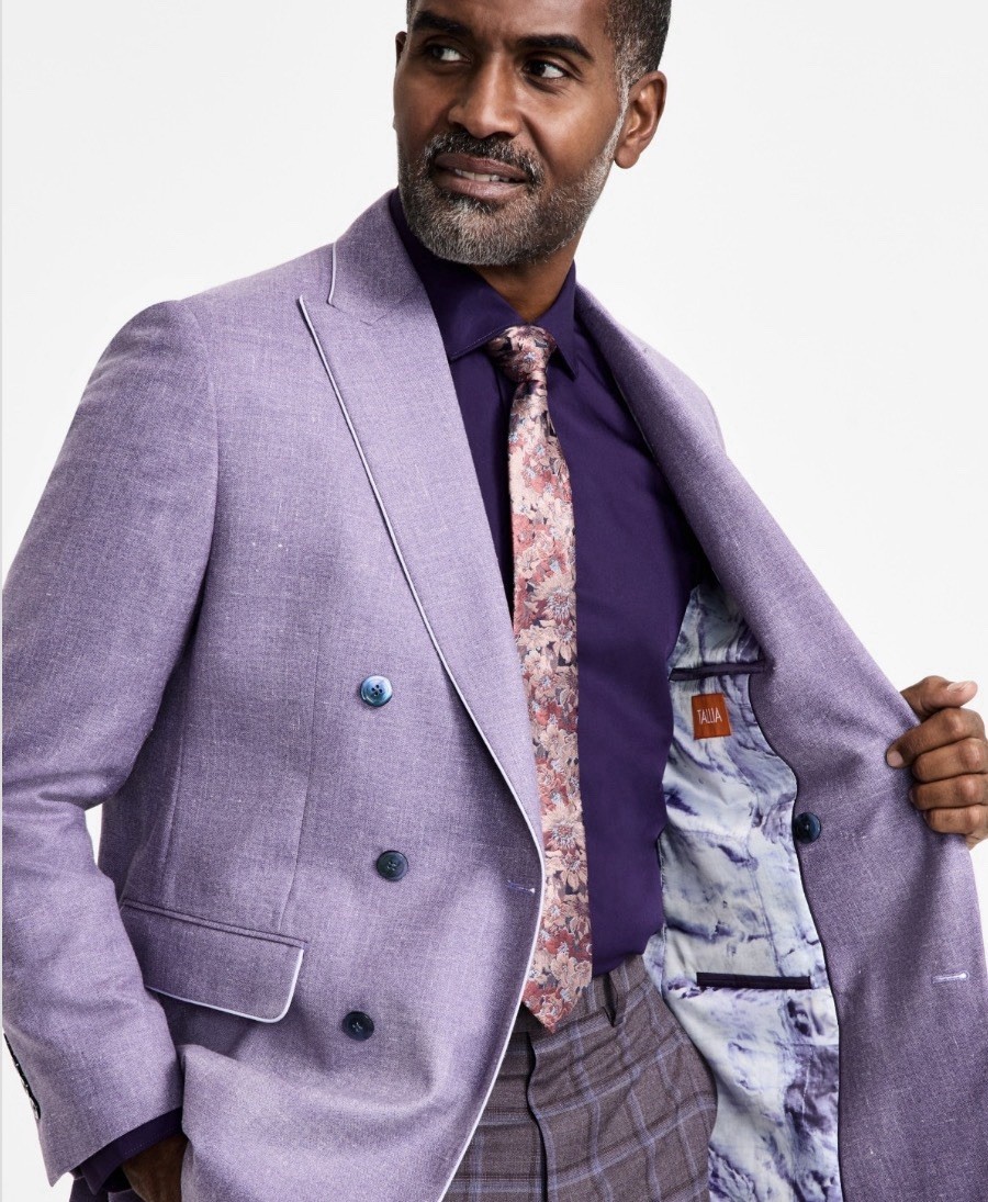 Tallia Mens Slim fit Wool Linen Double Breasted Suit Jacket Blazer 42R Purple