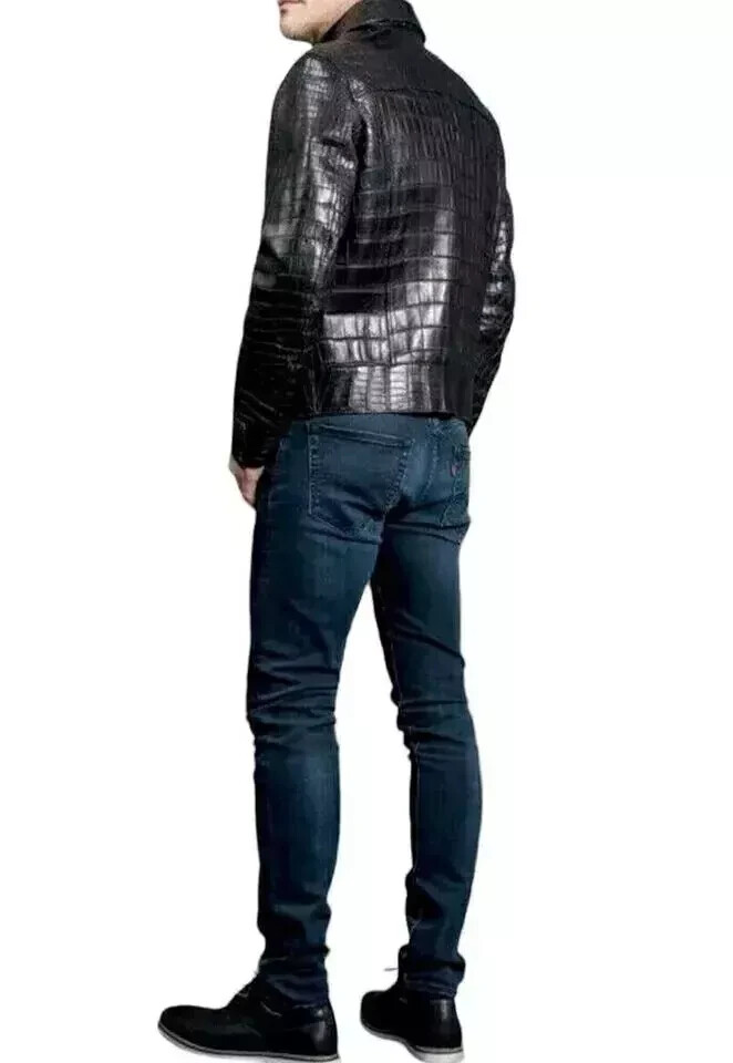 Men’s REAL LEATHER Black Crocodile Embossed Jacket Biker, All sizes Available