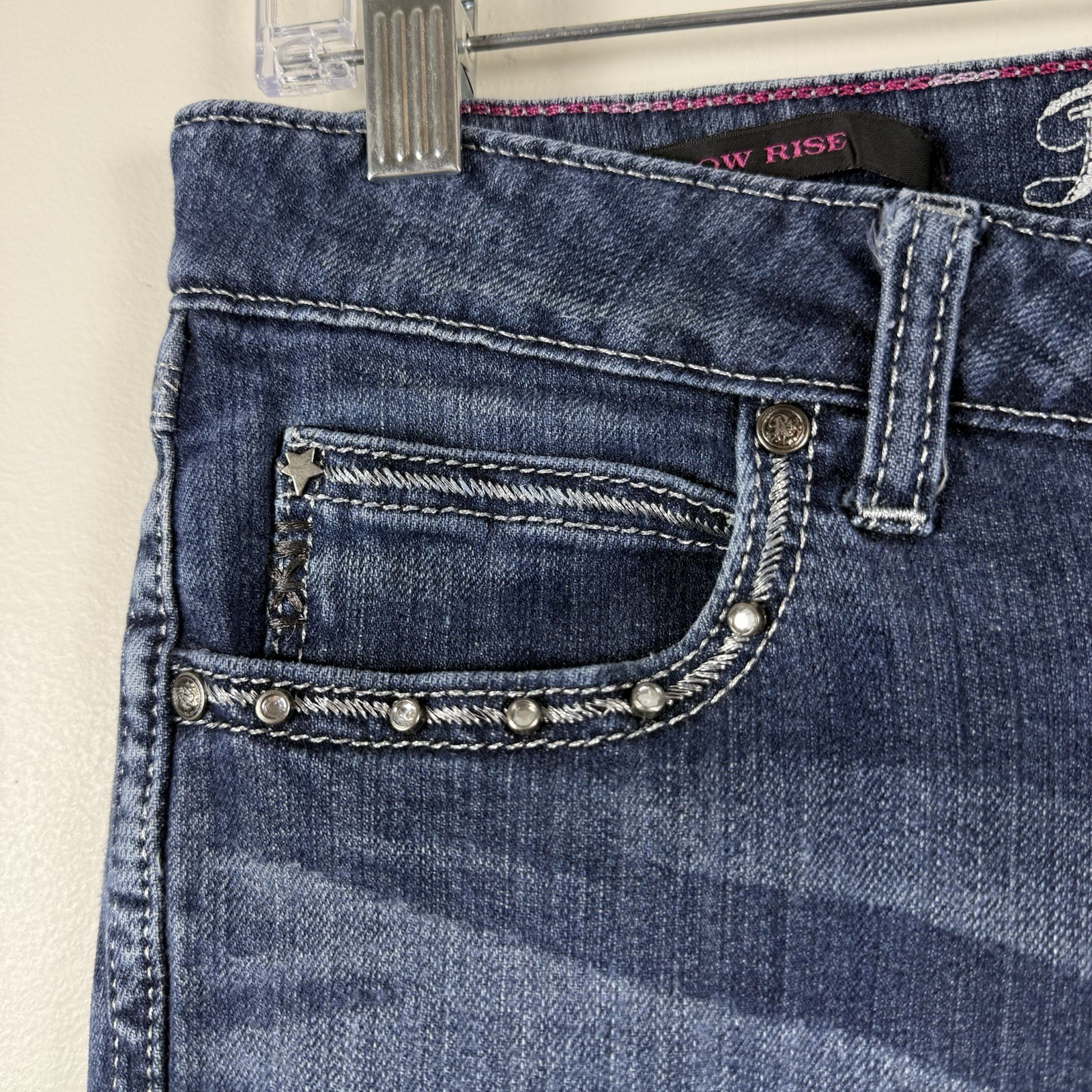 Wrangler Rock 47 Low Rise Bootcut Jeans SZ 7×34 Western Embellished Distressed