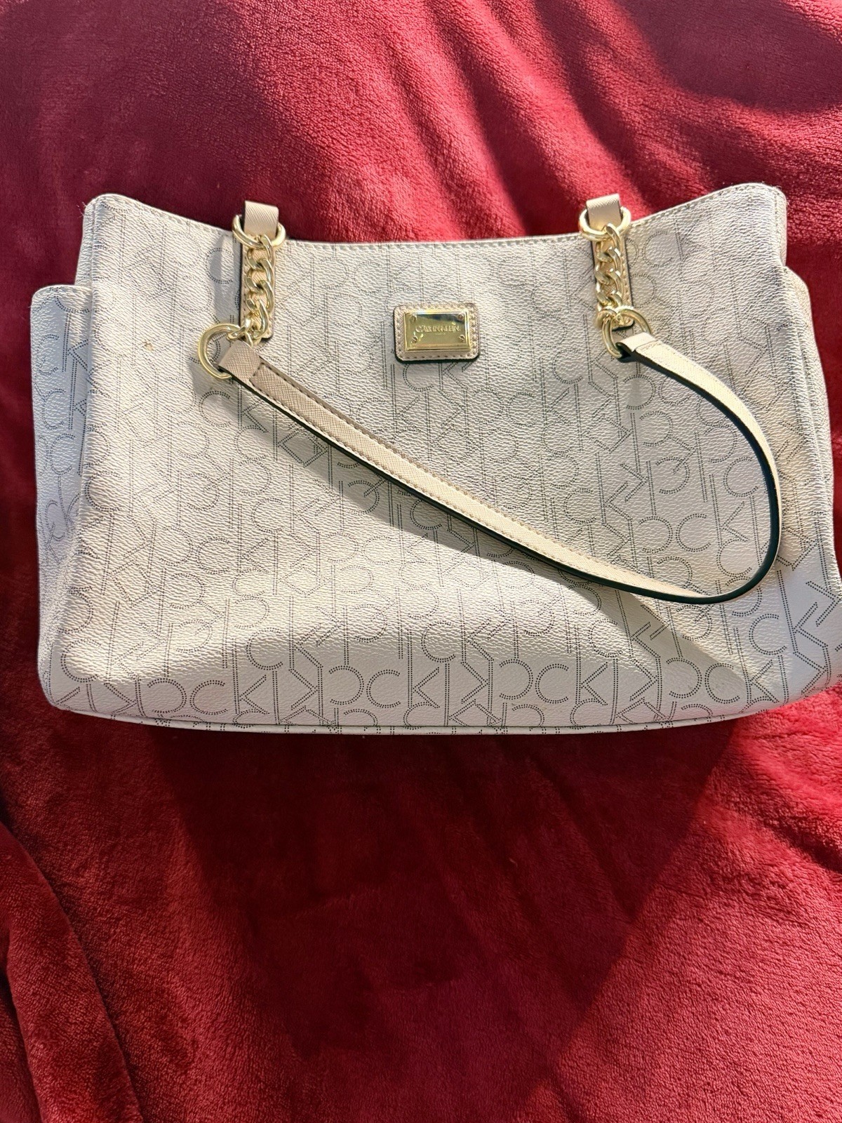 Calvin Klein Beige Monogram Shoulder Bag Gold Chain Hardware, Detachable Strap