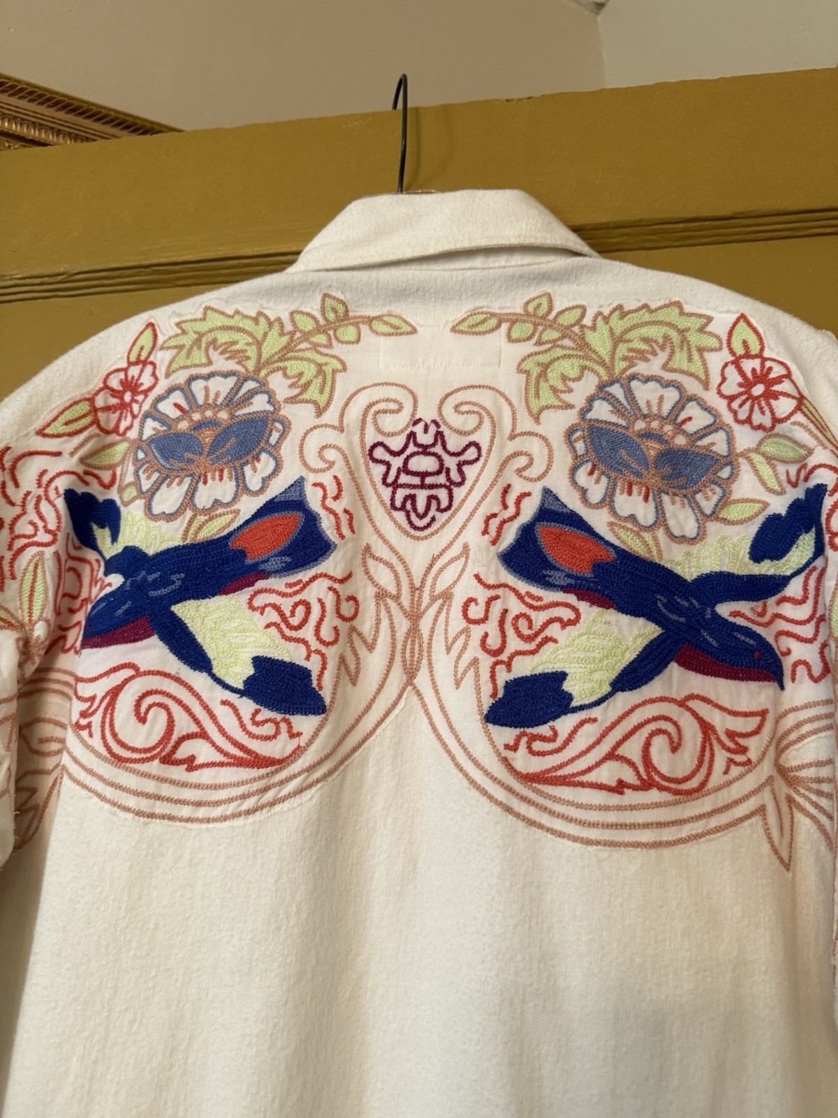 We The Free White Embroidered Bird Cotton Denim Collared Shacket Pockets XS