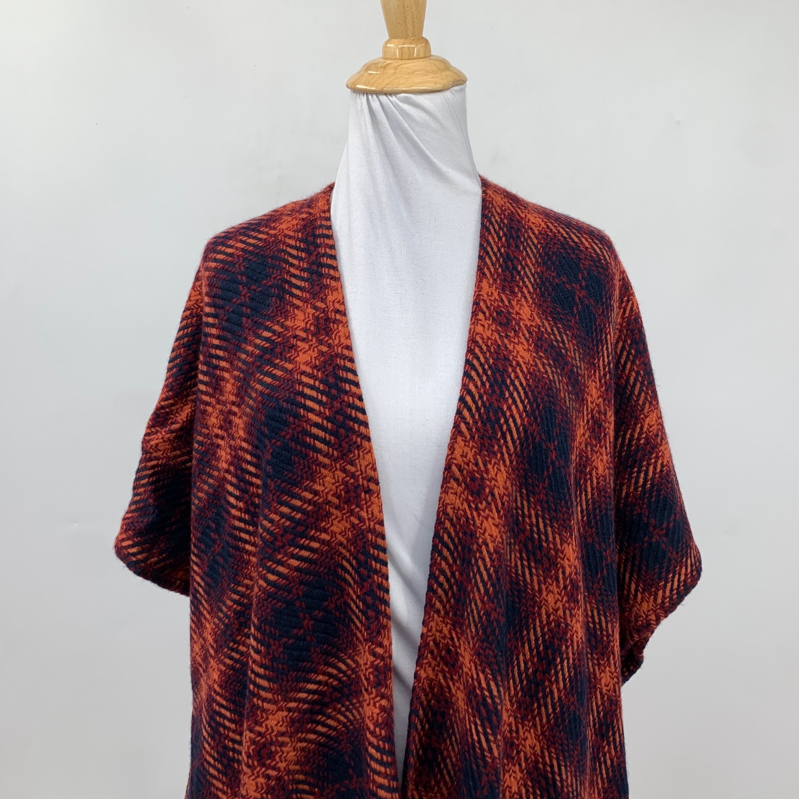 Loft Poncho Womens XS/S Multi Acrylic Plaid Fringe Hem Open Front Knit Wrap