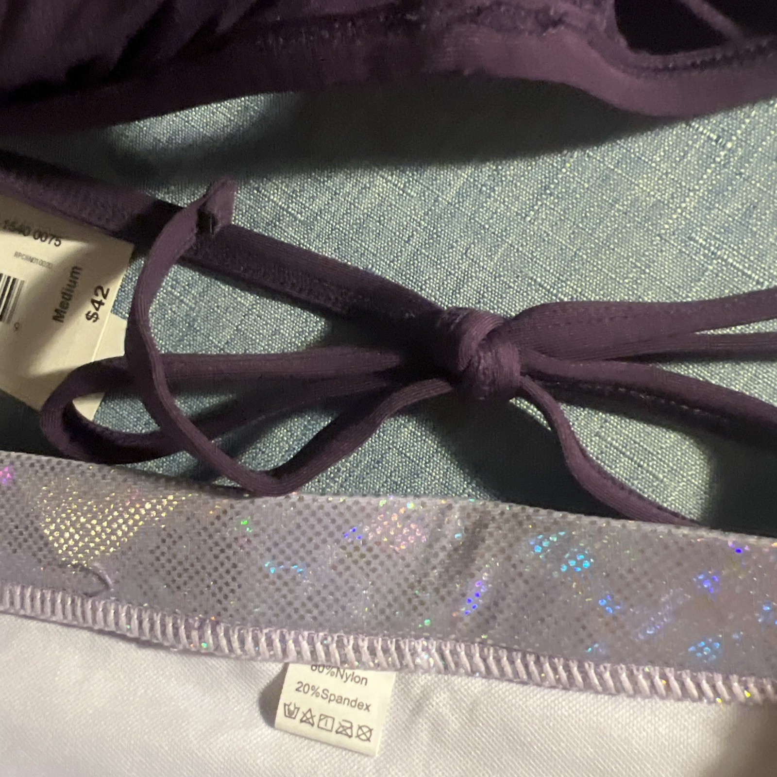 NWT Sz M Bikini A.N.A. Purple Mix Match Hologram Silver Shiny Hi-Waist Bottom