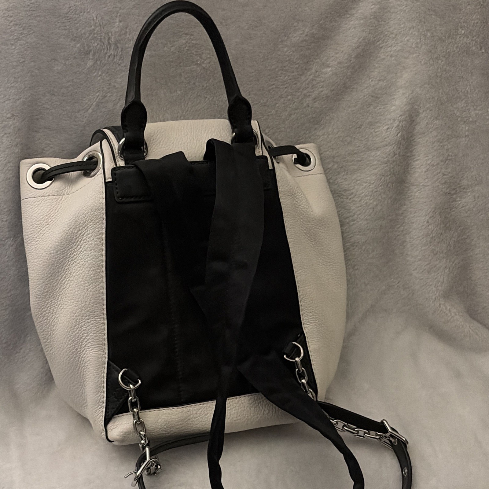 Michael Kors White/Black Medium Backpack Drawstring Pebbled Silver Hardware
