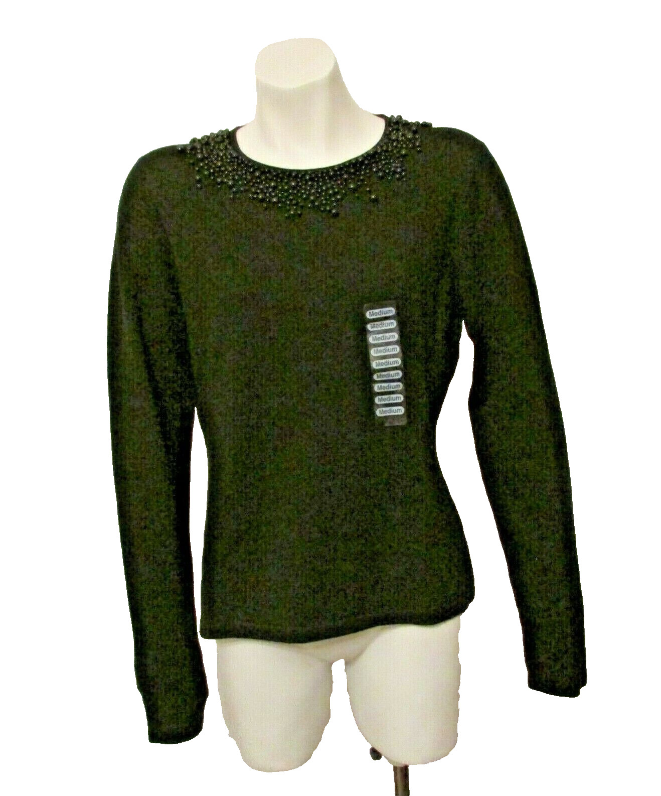 $120 NWT Saks Fifth Avenue Folio Silk Cashmere Black Beaded Pullover Sweater M
