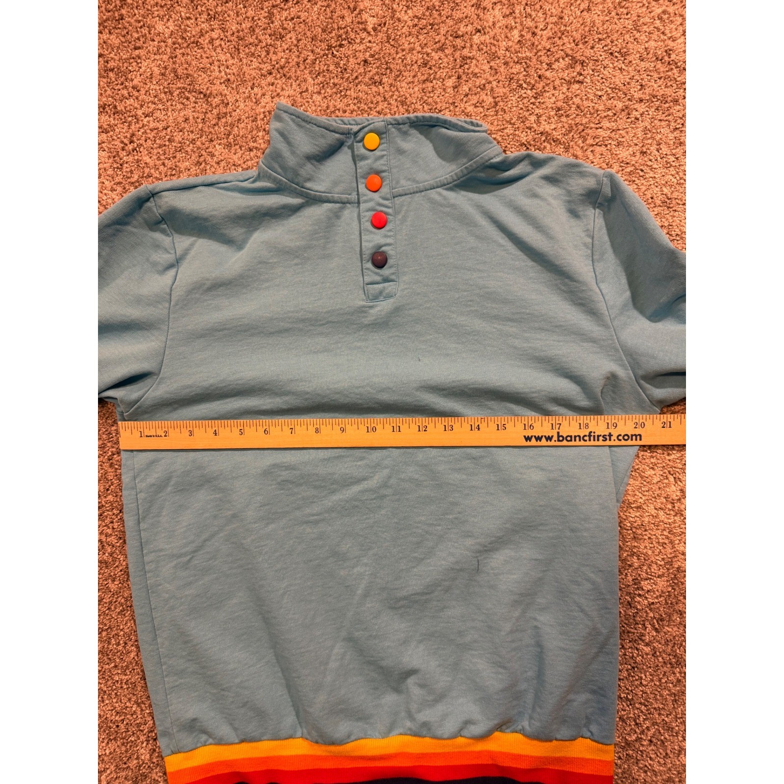 ALDI Sweatshirt Mens Medium Blue Rainbow Striped Snap Neck Pullovert Employee *
