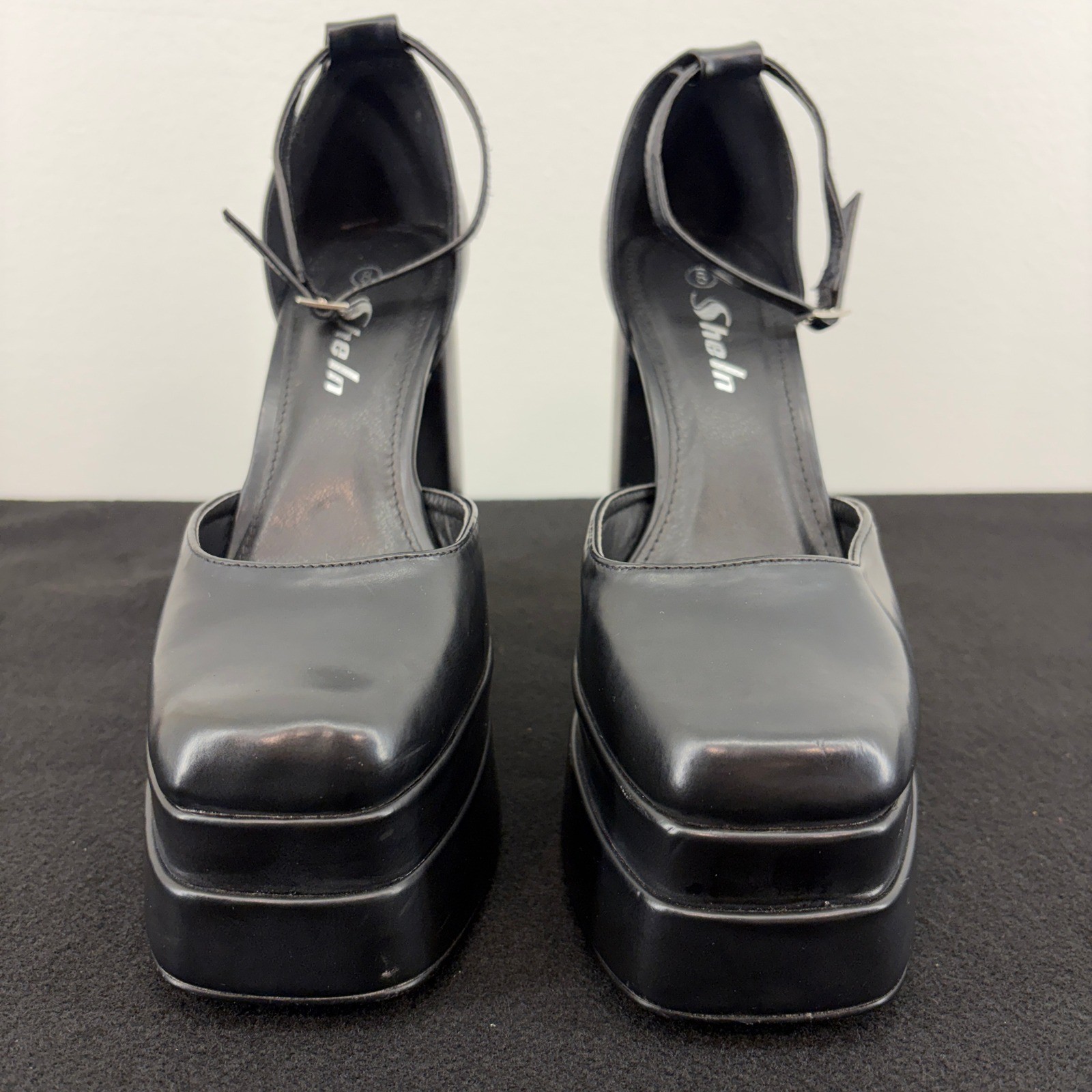 Goth Alt Funky Black Chunky Platform Womens 8 Square Toe Ankle Strap Heels Shoes