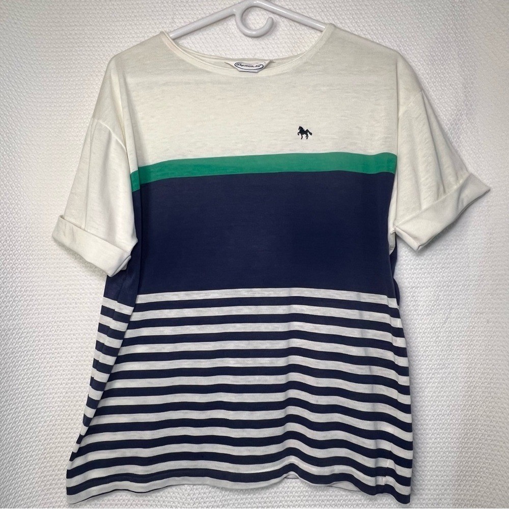 Nautical Navy and White Striped Colorblock Short Sleeve Women Tee Size Large