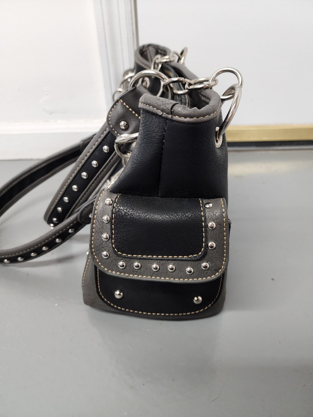 Vintage Y2K Rhinestone Cross Western Gothic Black Leather Handbag Purse