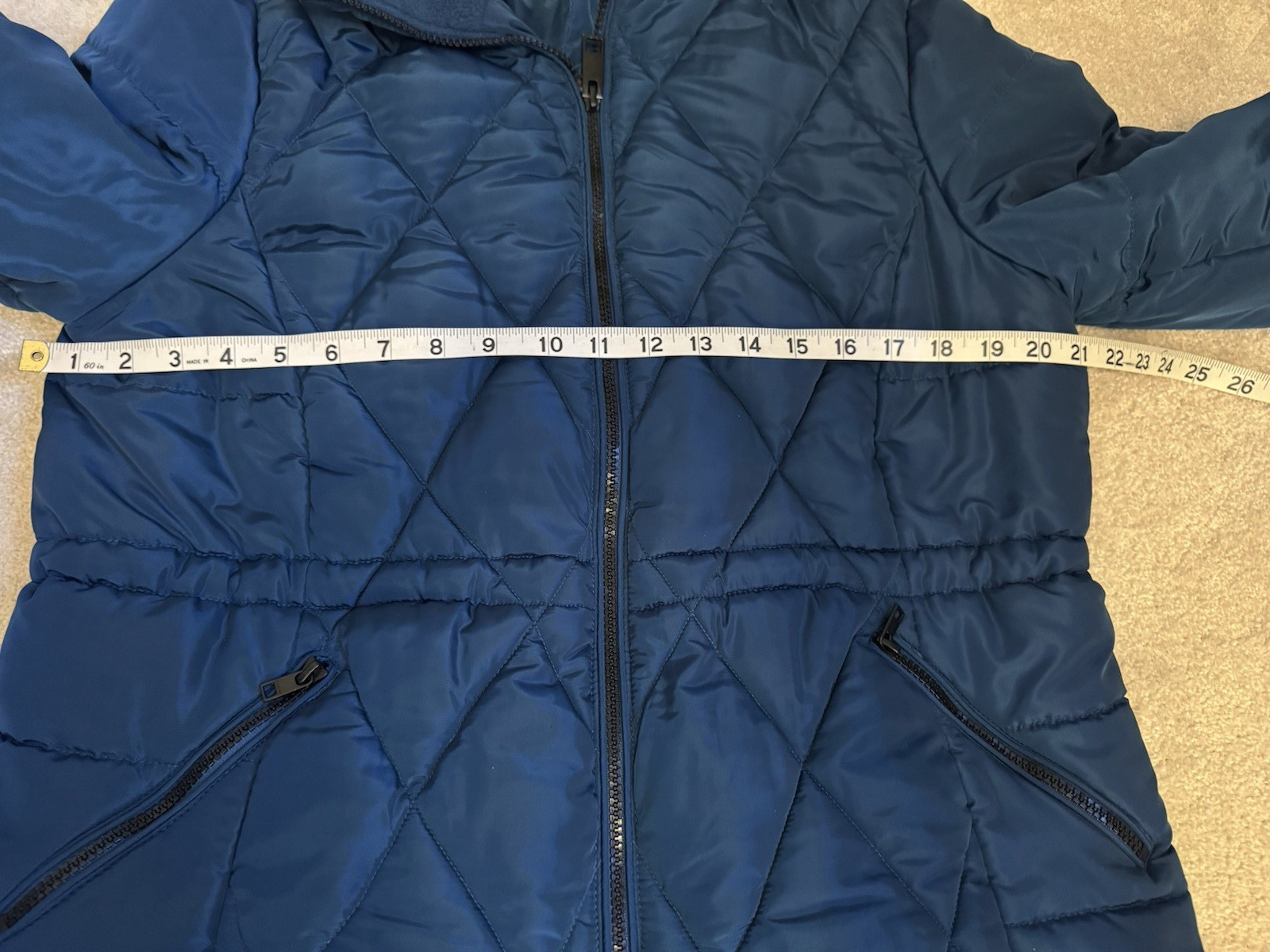 M&S DARK MARINE PADDED ZIP FRONT WARM COAT SIZE 14, CONCEALED PACKAWAY HOOD VGC