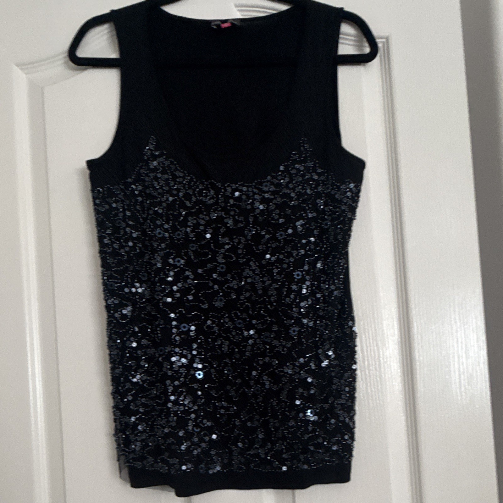 Vince Camuto Women’s Scoop Neck Sequin Mesh Sleeveless Tank Top Black M