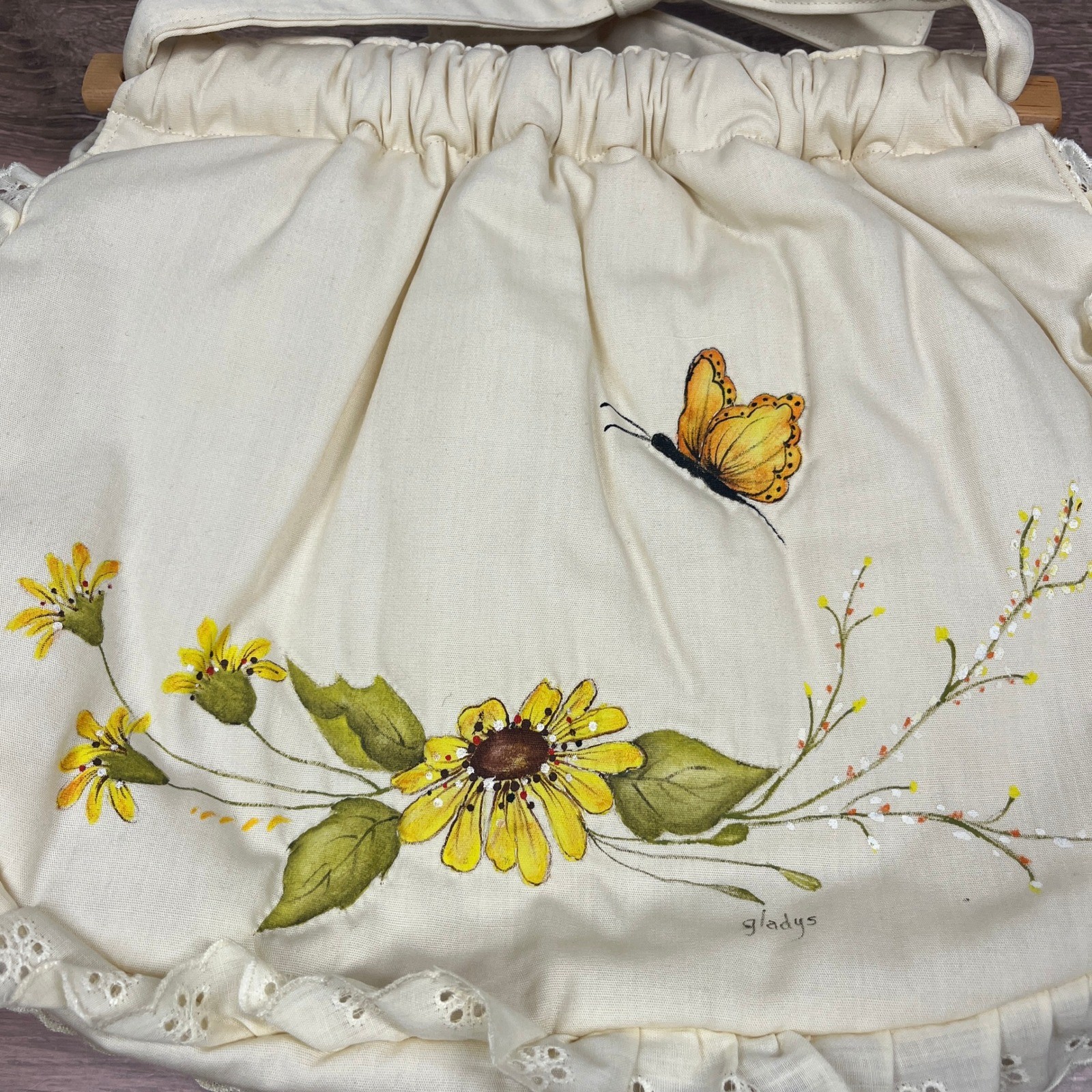 Hand Painted Floral Butterfly Handbag Cream Eyelet Lace Wood Handle Cottagecore