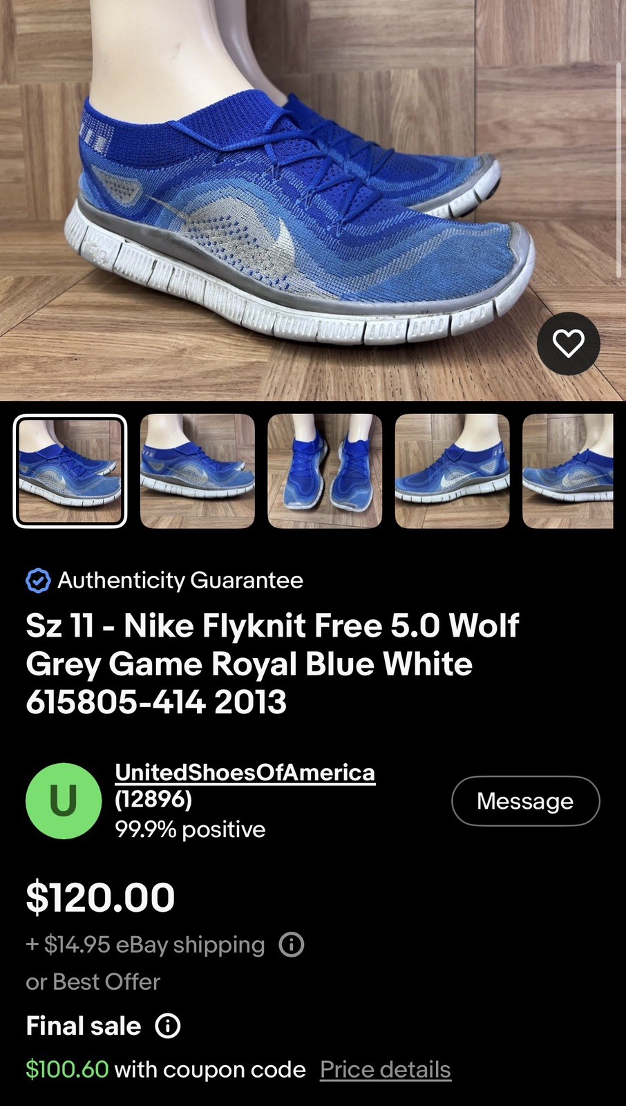 Nike Flyknit Free 5.0 Wolf Grey Game Royal Blue White Size US 15 615805-414 2013