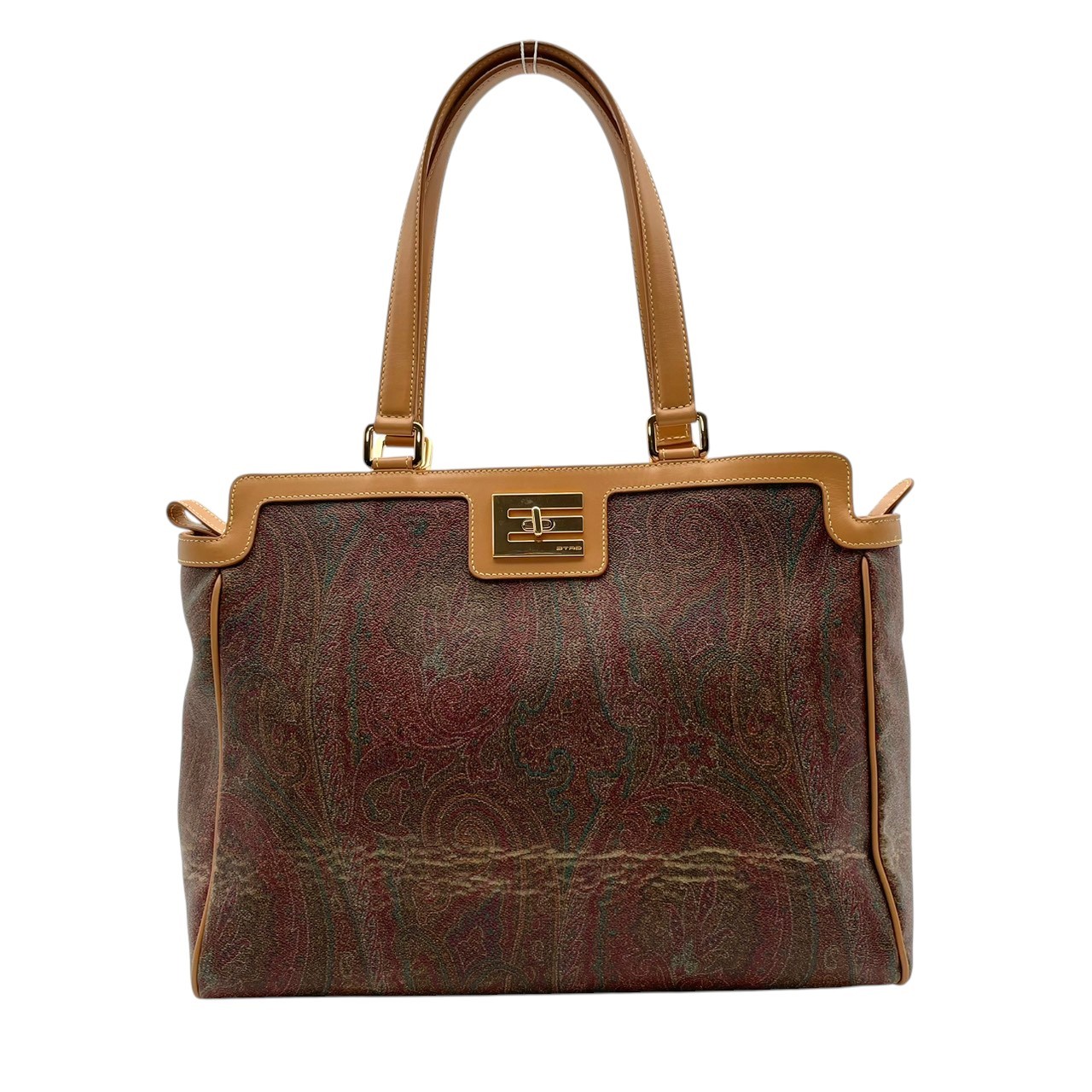 Authentic ETRO Paisley Pattern Tote Bag PVC Leather Light Brown Italy