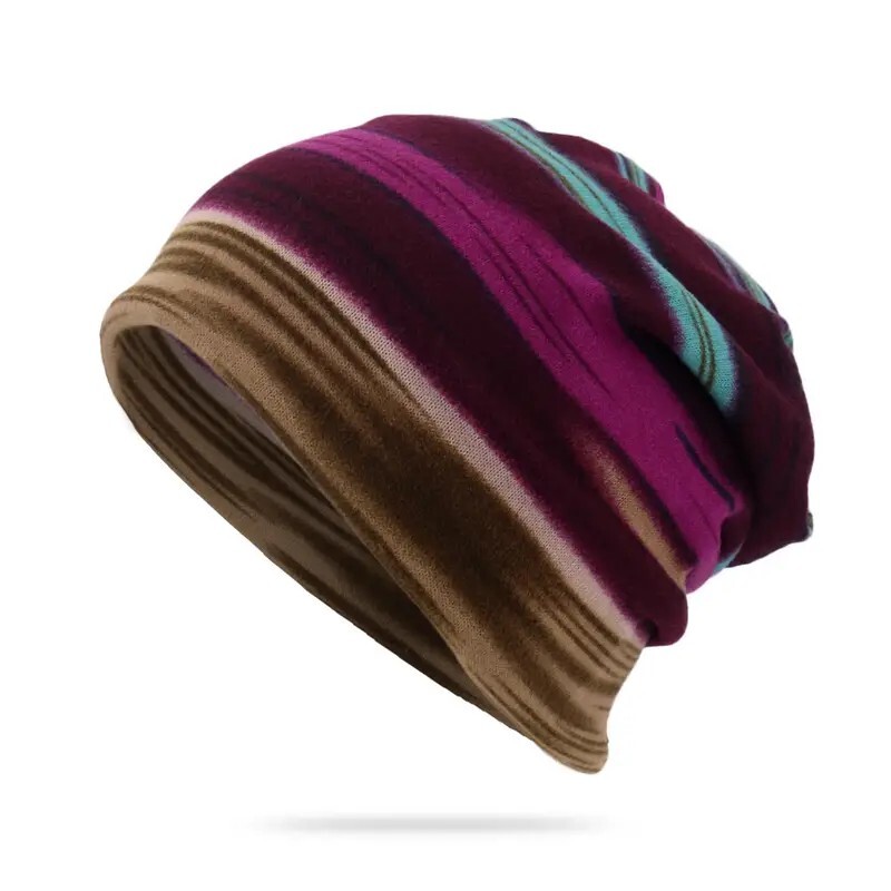 Unisex Multicolored Knit Beanie Purple/Tan Any Season Light Weight*CLOSEOUT!!