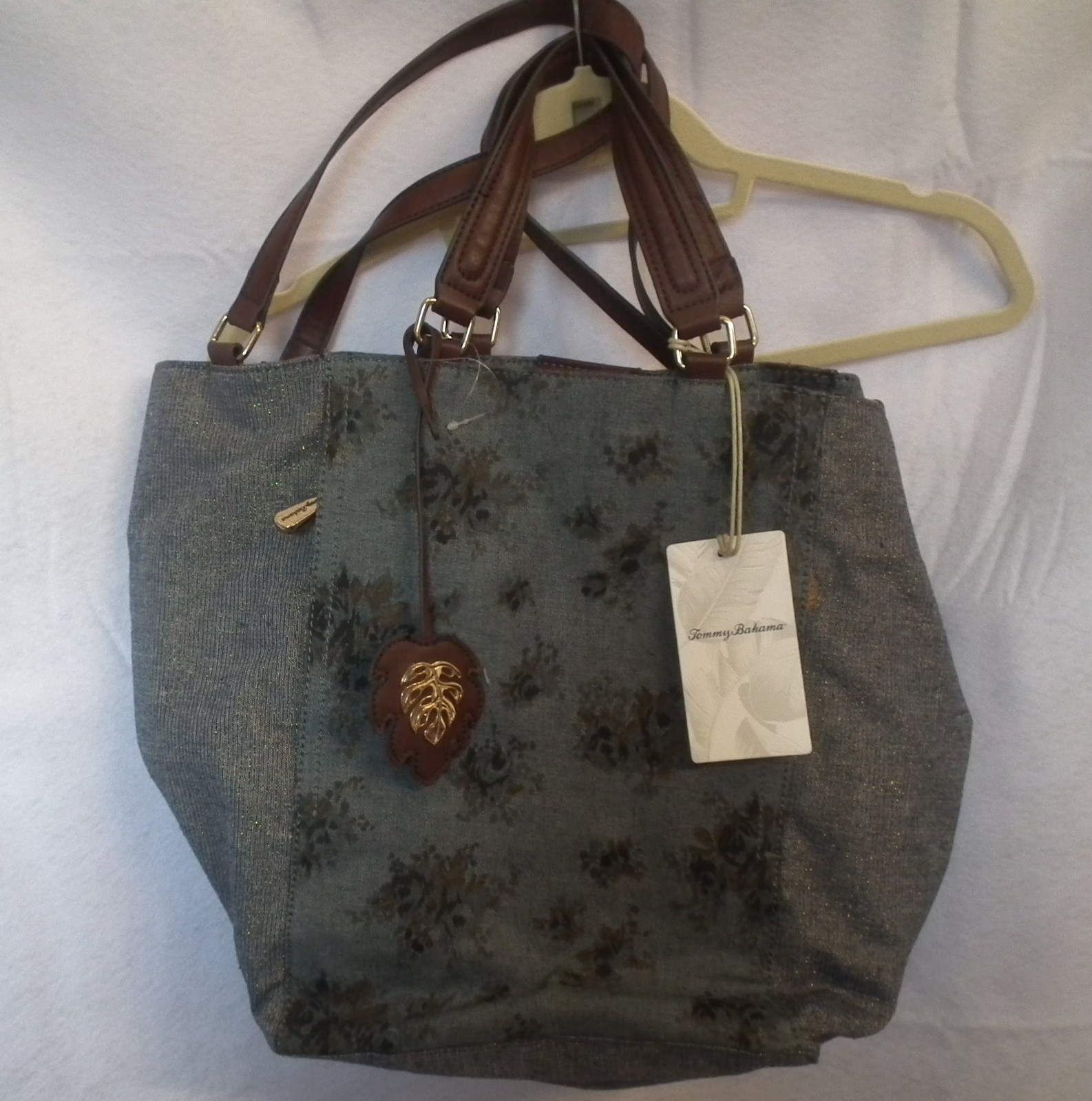 Tommy Bahama Convertible Tote Coral Reef Floral Blue Denim Purse NWT