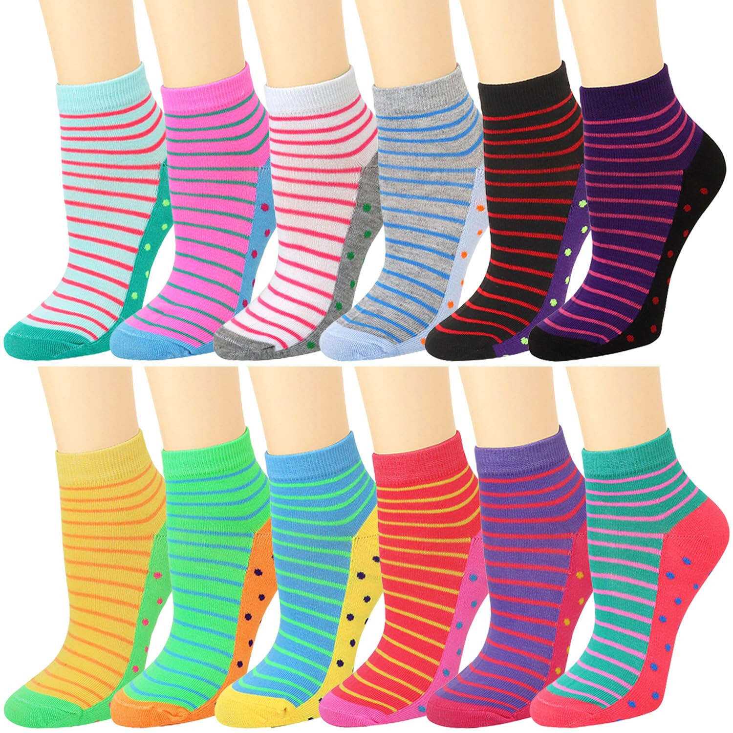 12 Pairs Assorted Color Striped & Dots Pattern Women Athletic Sport Ankle Socks