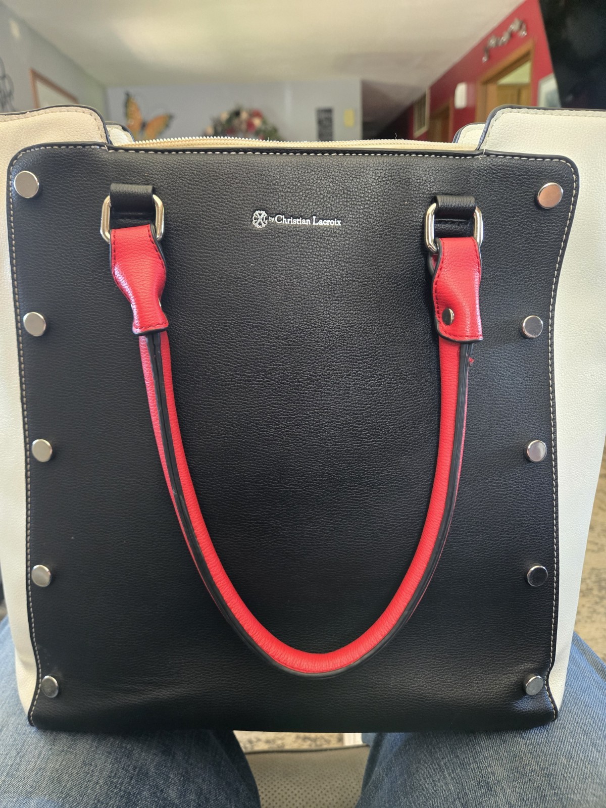 Christian Lacroix Colorblock Tote Black White Red Handles Zip
