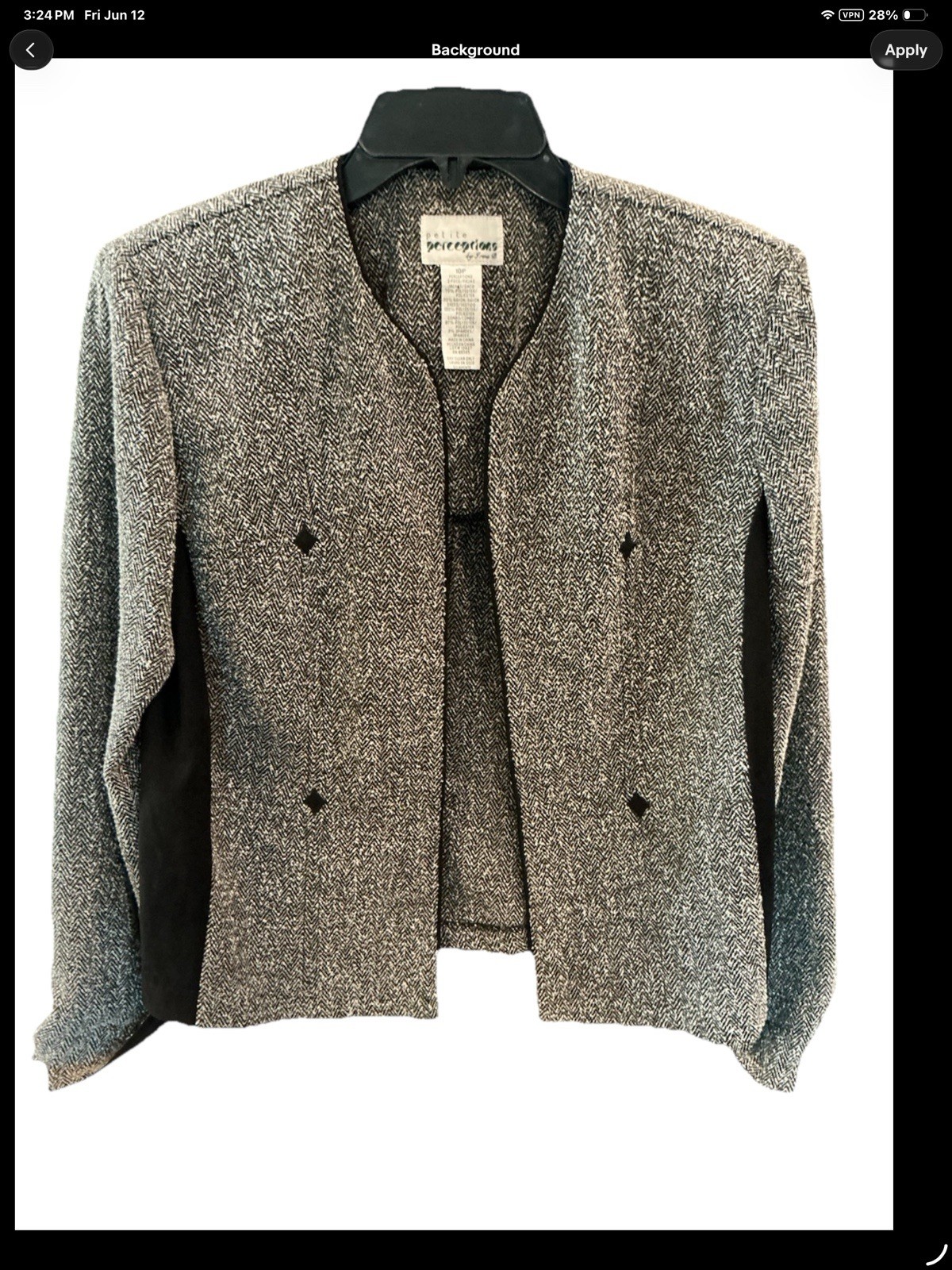 Vintage Petite Perceptions Irene B Black White Herringbone Open Front Blazer