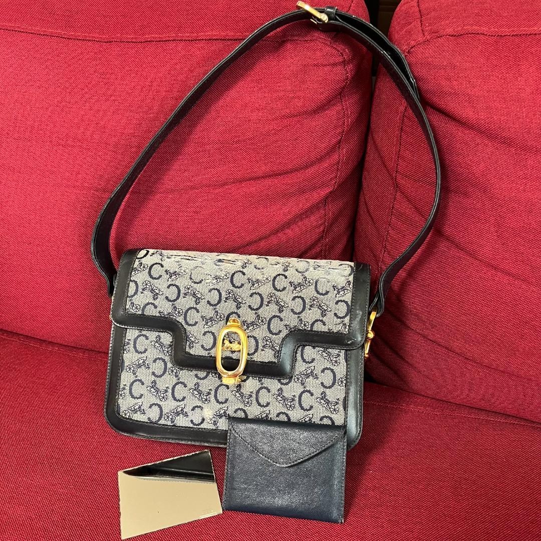 CELINE C Macadam Sulky Shoulder Bag Horse Carriage Hardware Buckle Canvas Beige
