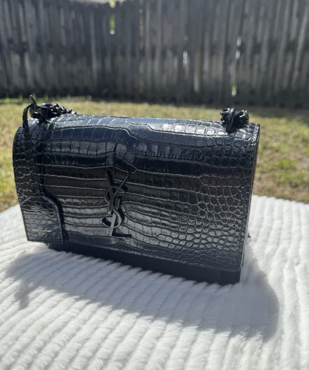 Saint Laurent Sunset Medium YSL Crossbody Bag in Croc-Emboassed Leather