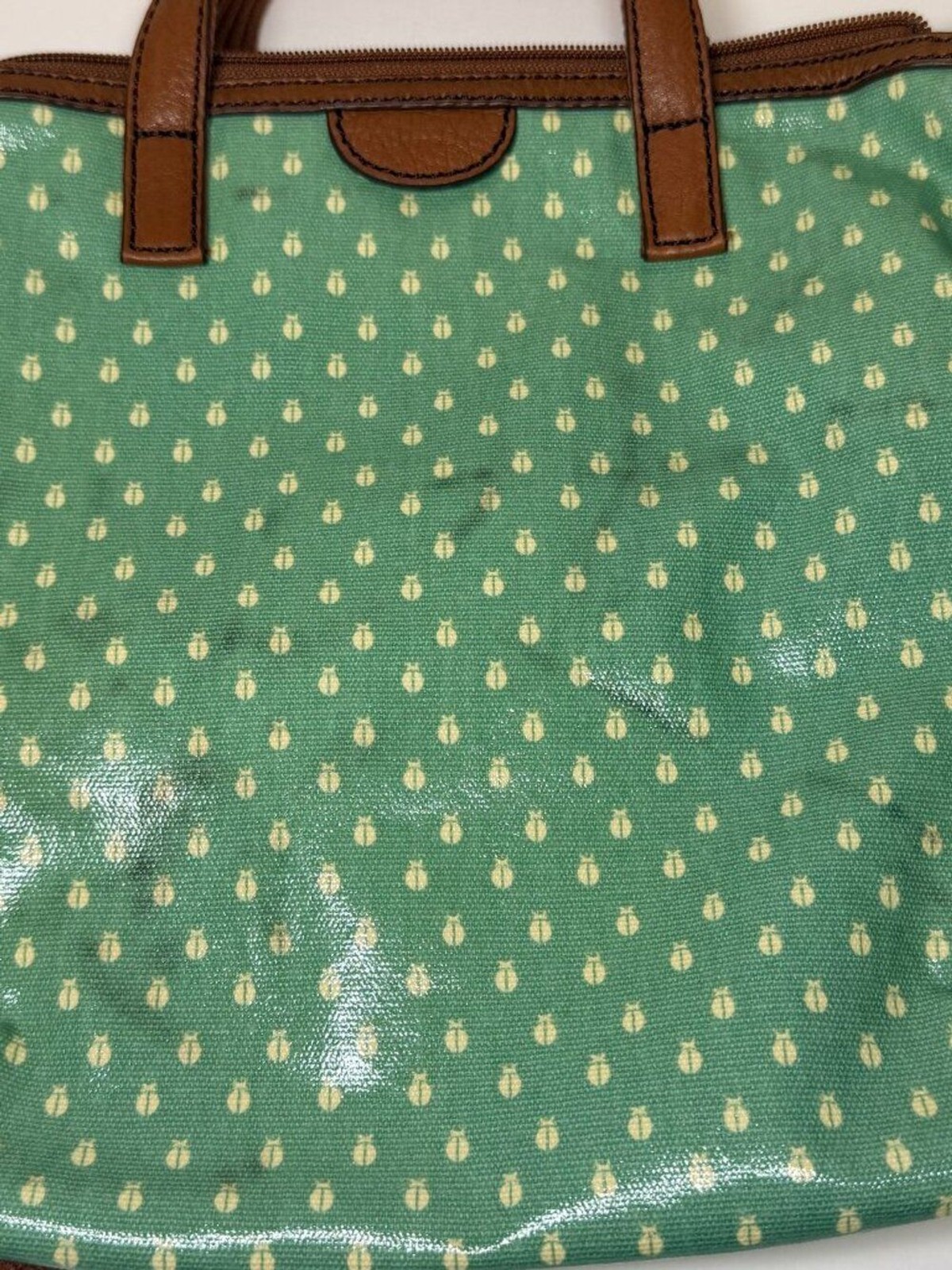 Fossil Key-Per Coated Canvas Crossbody Bag Green Ladybug Beetle Print Vintage