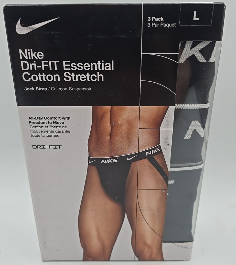 Nike DRI-FIT Essential 3-Pack Jock Strap Cotton Stretch Black Large KE1144-001