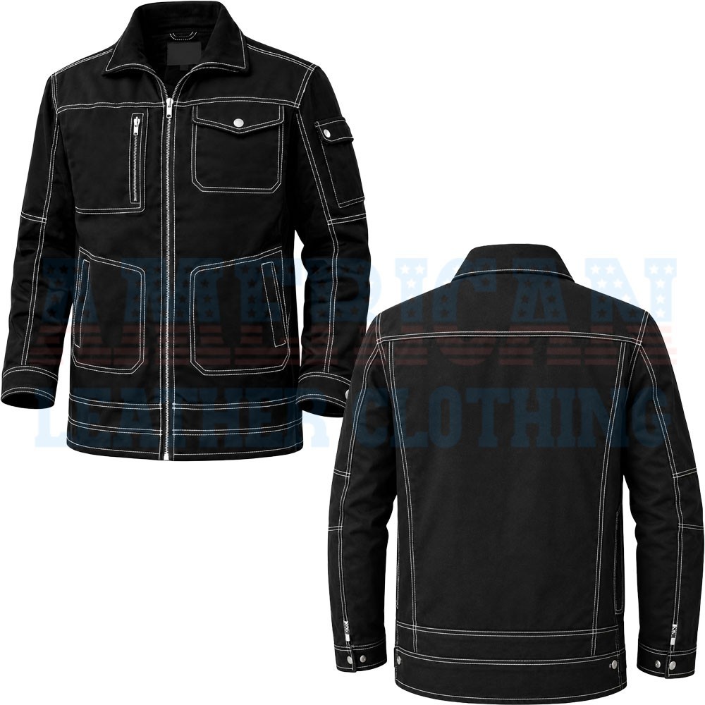 Handmade Men’s Black Twill Cotton Workwear Cargo Jacket with Multi Pockets