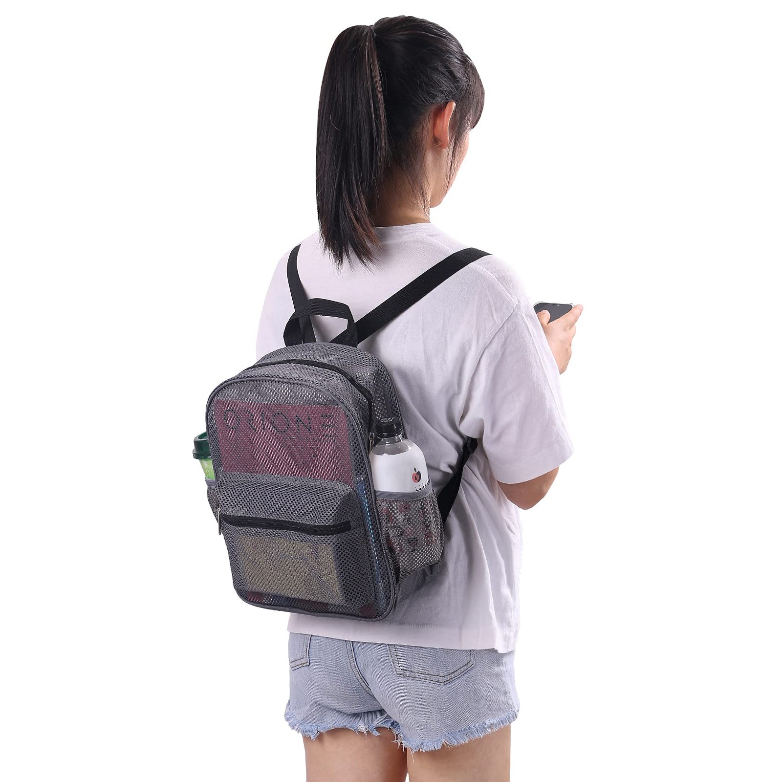 MAY TREE Grey Mesh Backpack for School, Beach, 10*4.5*12 inches, Grey-5