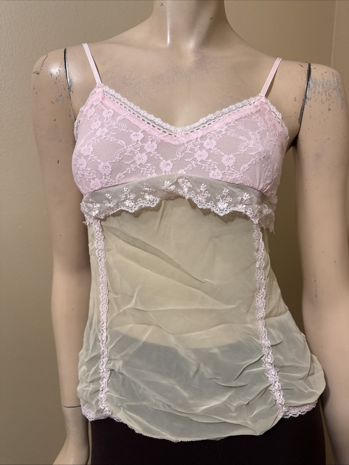 Women’s Ivory Polyester Casual Summer Sheer Slim Lace Straps Size M Blouse Top