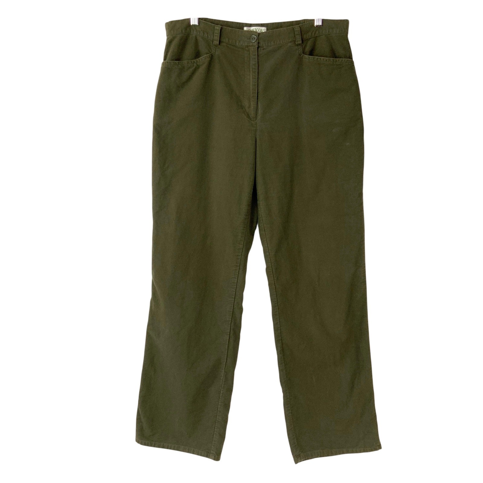 Orvis Olive Green Straight Leg Khakis Pants Size 14 Button Zip Fly Mid Rise Soft