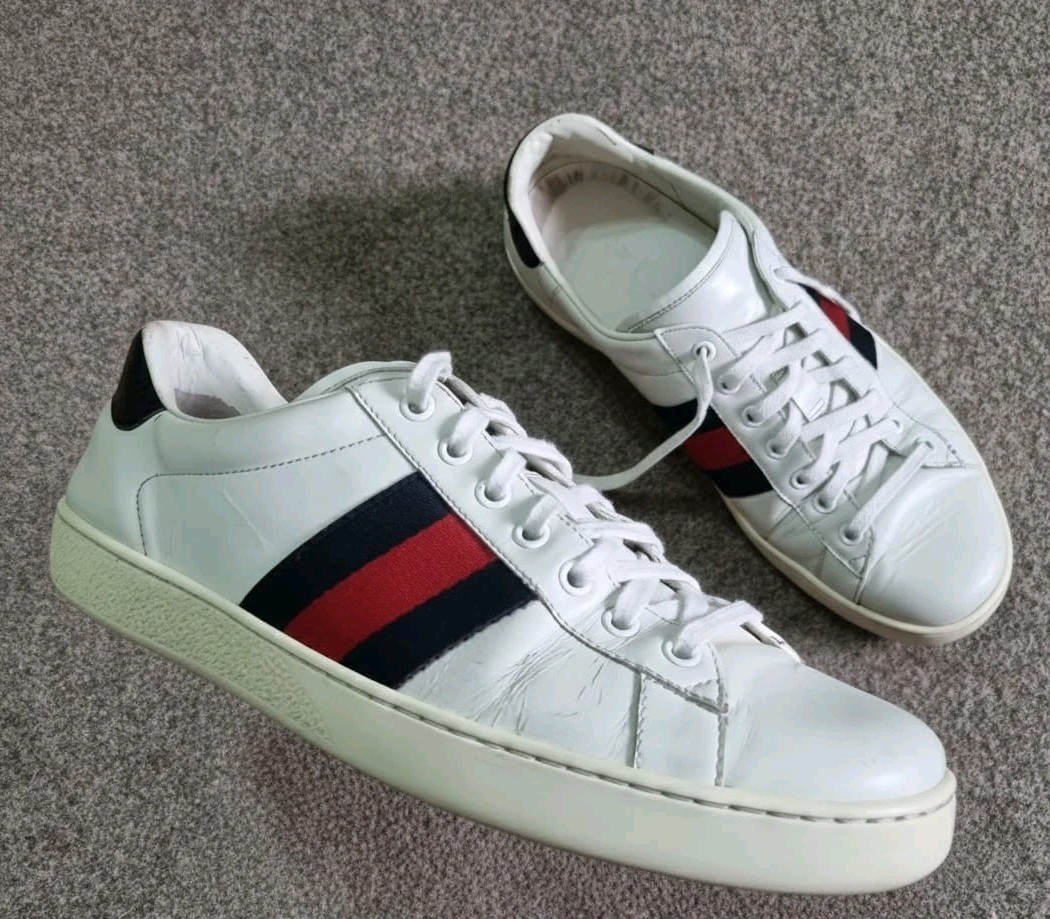 Gucci Shoes Men Ace Sneakers White Leather Navy Red Web Stripe Gucci Size 9 US