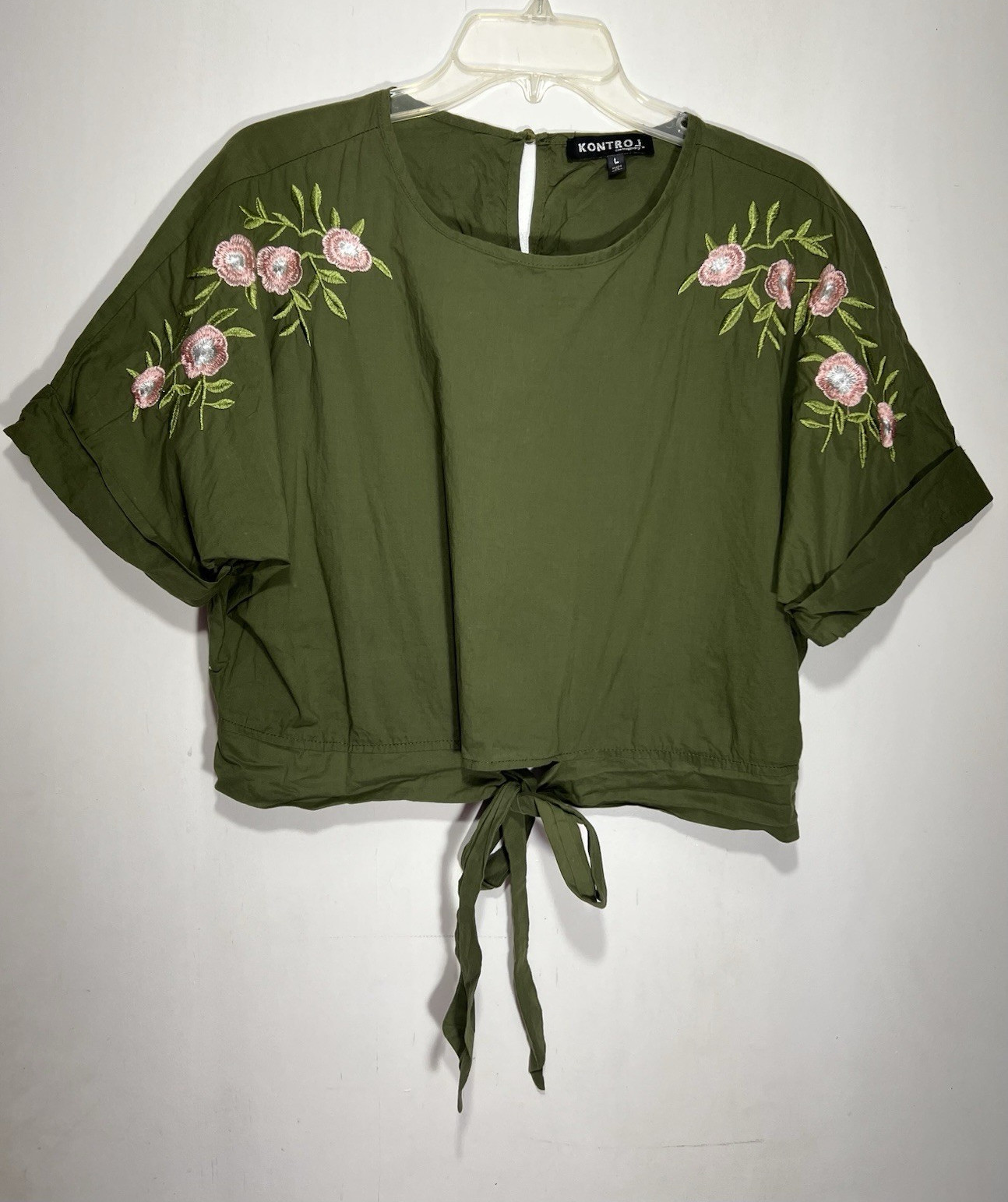 Kontrol | Green Floral Embroidered Woven 100% Cotton Crop Tie Blouse Size L