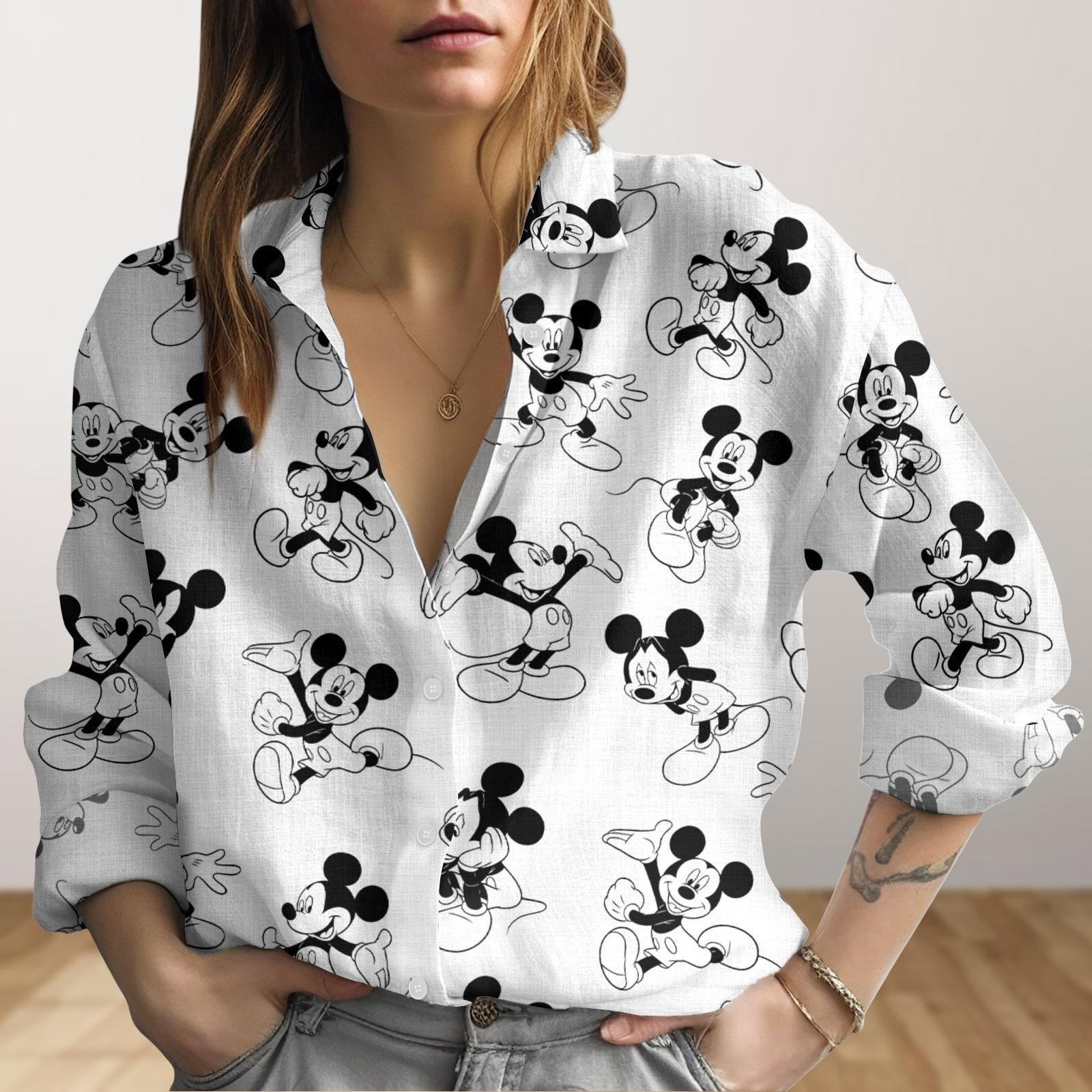 Disney Mickey Look Linen Shirt Mickey Mouse Blouse Wom