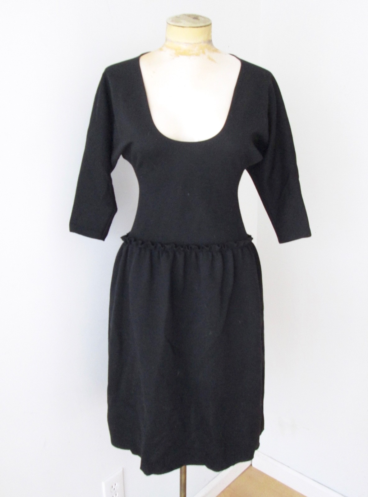 Behnaz Sarafpour black wool deep U neck ruffle drop waist dress dolman sleeves S